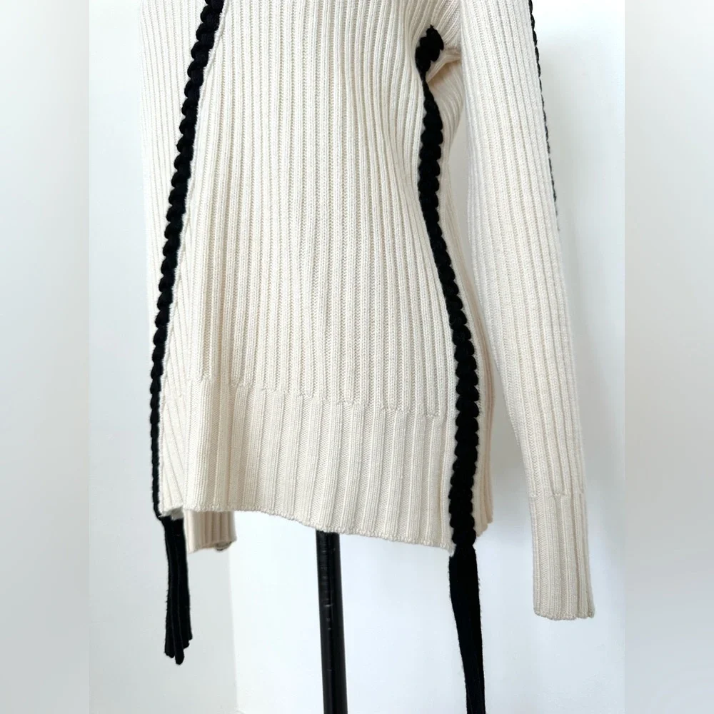 Derek Lam 10 Crosby Ribbed Wool Crewneck Sweater with Braided Detail in Ivory